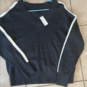 Banana Republic Dark Gray V-Neck Sweater with White Stripes